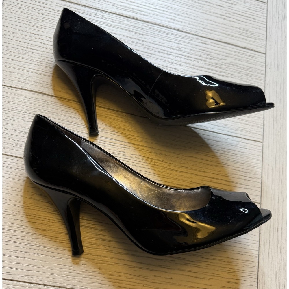 MICHELLE D, LADIES BLACK PATENT 3.5" HIGH HEELS, PEEP TOE, Classic, Career 8 M